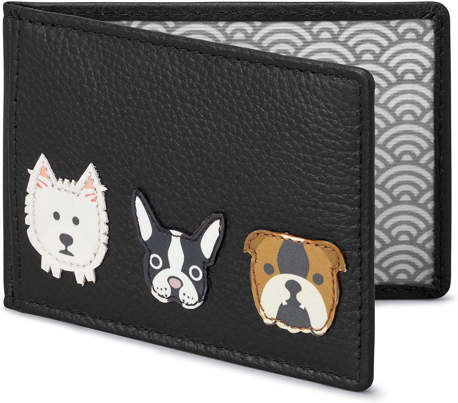 Yoshi Dog Applique Leather Travel Pass/Oyster Card Holder (Black), 10.5cm (W) x 7.5cm (H) x 0.5cm (D)