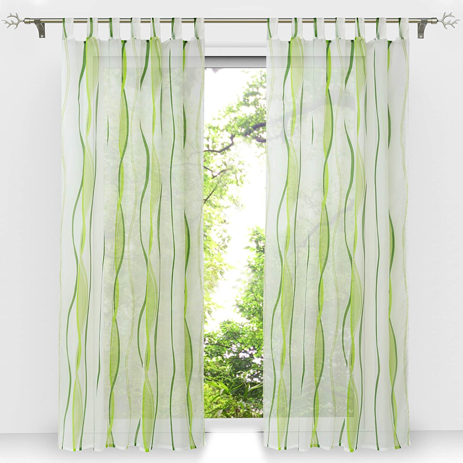 HongYa 1 Piece Transparent Net Curtain with Loops Waves Design Polyester Decoration for Bedroom Living Room Balcony Cream Green HW 145/140 cm