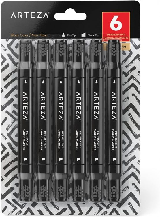 Arteza Fabric Pens for T-Shirts, Black, Pack of 6, Permanent & Machine Washable, Dual-Tipped, for Jeans, Sneakers, Backpacks, Jackets & More