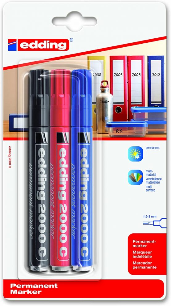 edding 2000 C Permanent Marker - Black, Red, Blue - 3 Marker Pens - Round Tip 1.5-3 mm - Quick-Drying Permanent Markers - Waterproof, Smudge-Proof - for Cardboard, Plastic, Wood, Metal, Fabric