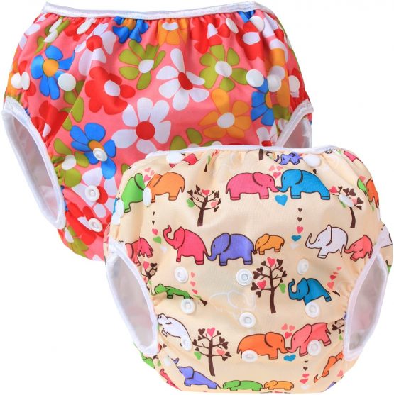 Teamoy Reusable Swim Nappy(2 Packs) for Baby Boys& Girls, Comfortable, Washable and Adjustable, Ideal for Swimming Lessons/Holiday, Flowers Pink+ Elephants