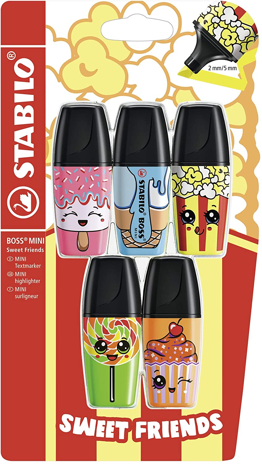 STABILO Highlighter BOSS MINI Sweet Friends - Pack of 5 - Pink, Blue, Yellow, Green, Orange, 5 count (Pack of 1)
