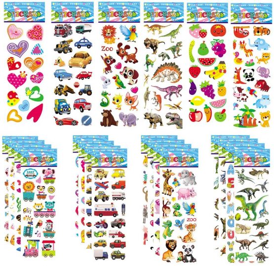 30 Sheets Puffy Stickers for Kids 800+ Children 3D Stickers for Party Bag Fillers Rewarding Gifts Scrapbooking Including Animals Fish Dinosaurs Numbers Fruits Trucks Airplane