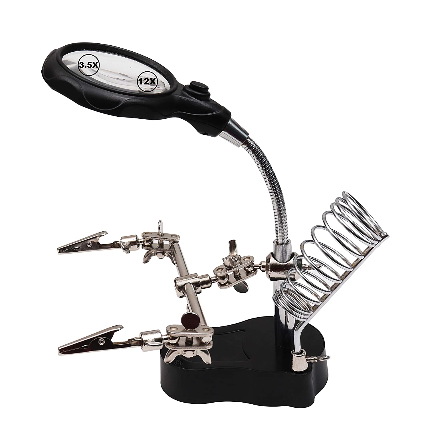 Kurtzy Helping Hands Stand with LED Light, Magnifying Glass & Soldering Iron Holder, 3.5X/12x Magnifier Lens