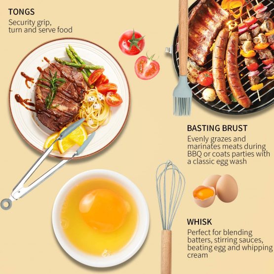ELECTRAPICK Kitchen Utensil Set Silicone Cooking Utensils - 11 Pieces Cooking Spatula Turner Heat Resistant Tools with Wooden Handle for Nonstick Non Scratch Cookware - Best Kitchen Tool Gadgets - Image 4