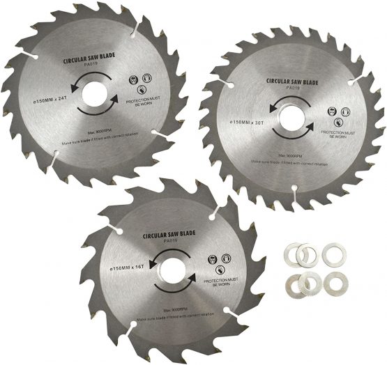 3pc 150mm TCT Circular Saw Blades 16/24/30 TPI & Adapter Rings Reducer TE866