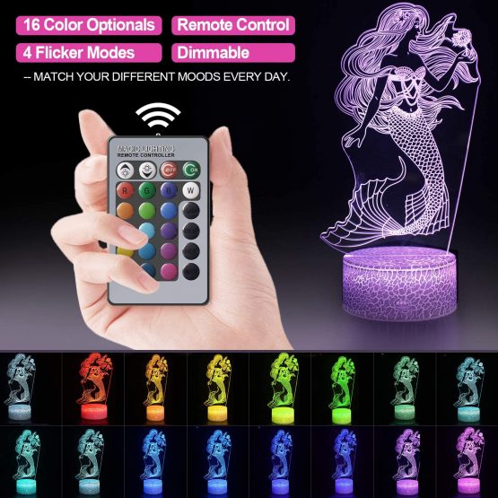 Mermaid Night Light for Kids, 16 Colours Changing 3D Optical Illusion Lamp with Remote, Mermaid Toy for Girls, Christmas Birthday Gifts for Girls and Women - Image 2