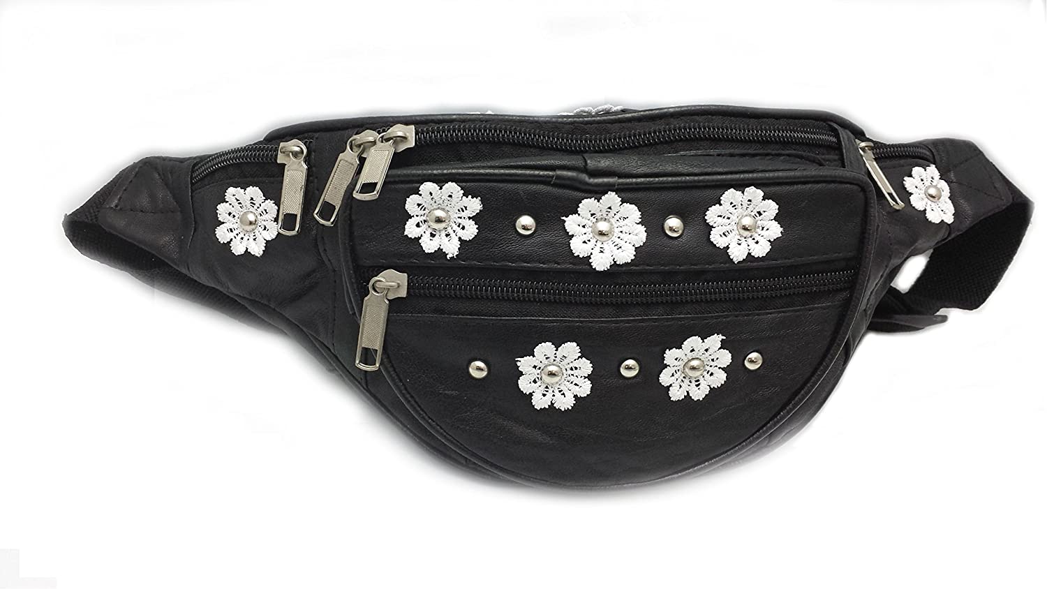 ODS:UK® Leather Festival Bum Bag Daisy Flower Studded Cross-Body Summer Urban Backpack, Black - Image 2