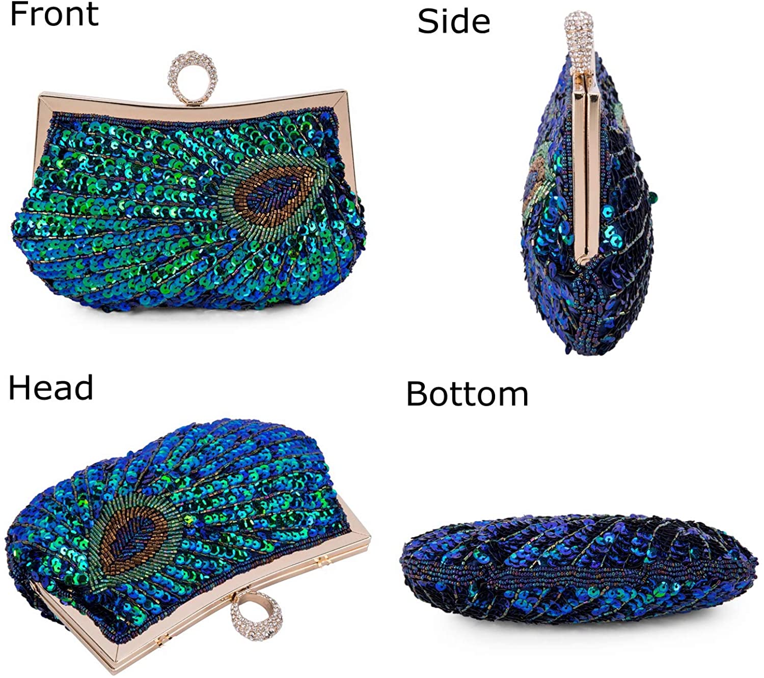 BAIGIO Vintage Clutch Bag for Women Sequin Peacock Evening Clutches Ladies Prom Party Purse Wedding Bridal Handbag with Detachable Chain Strap - Image 4