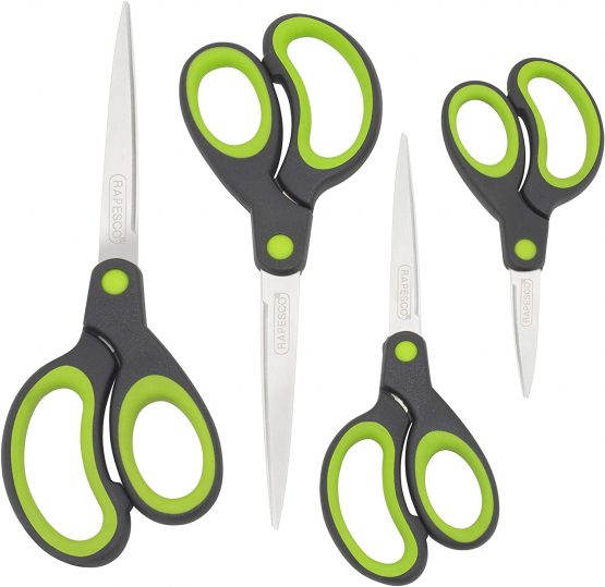 Rapesco 1576 Soft Grip Handle Scissors - Set of 4 (Black/Green)