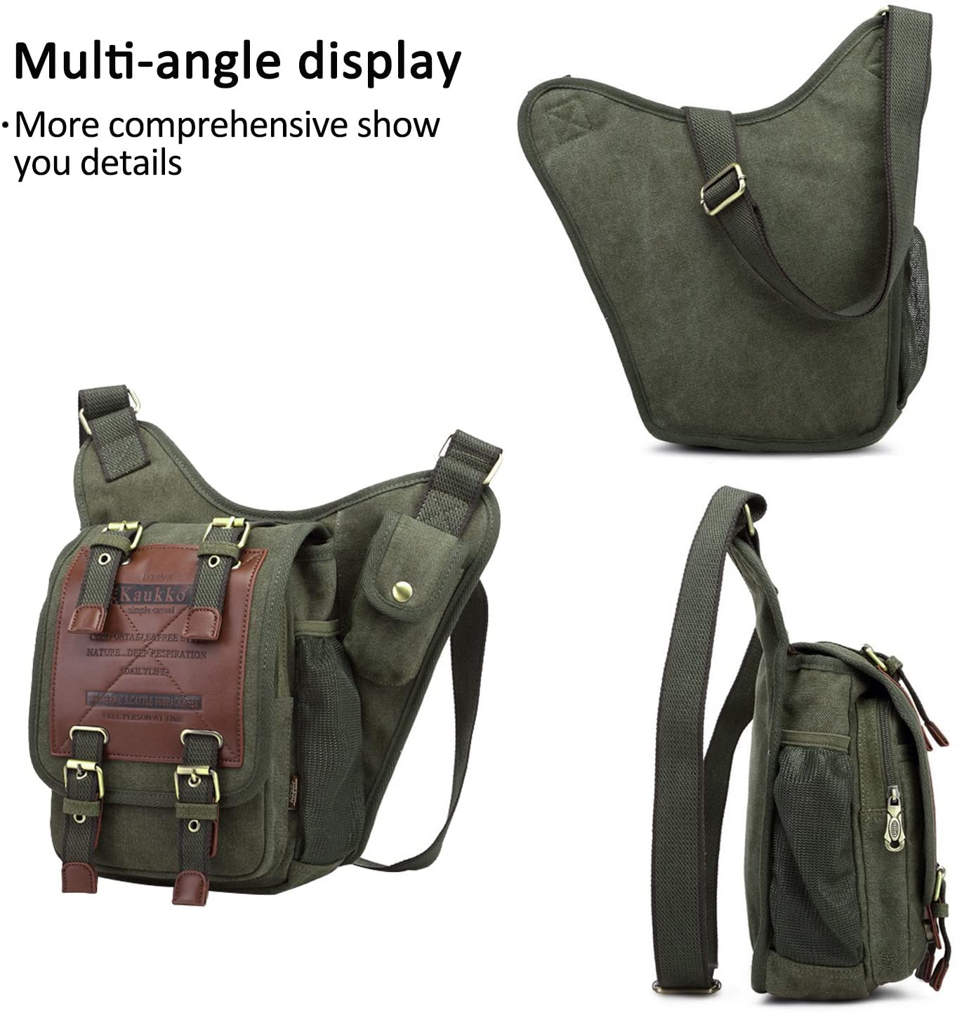 FANDARE Vintage Sling Bag Messenger Shoulder Backpack Crossbody Bag Small Travel Canvas Green - Image 3