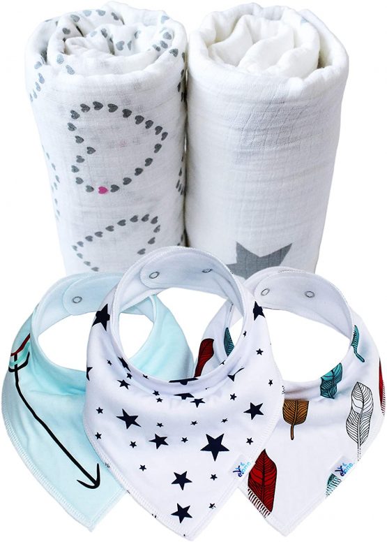 6 in 1 Cute Boys & Girls Unisex 100% Cotton Baby Muslin Swaddle Blanket Set Newborn Essentials (3 x Bandana Bibs, 2 x Muslin Squares Swaddle, 1 x Sleeping Bag 0 6 Month)