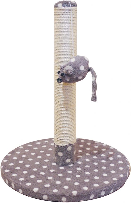 Rosewood Kitten Scratching Post With Sisal Post And Mouse Shaped Catnip Toy, Size H 40cm x D 31cm x W 31cm, Grey With Cream Dots, clear