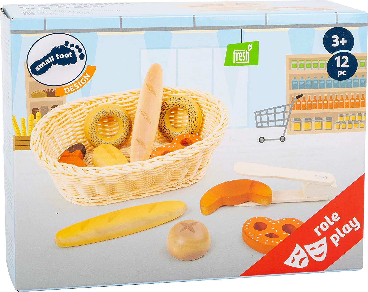 Small Foot 11444 Breadbasket Set Fresh, Made of Wood, with Baked Goods Tongs, Role-Playing Toy - Image 3