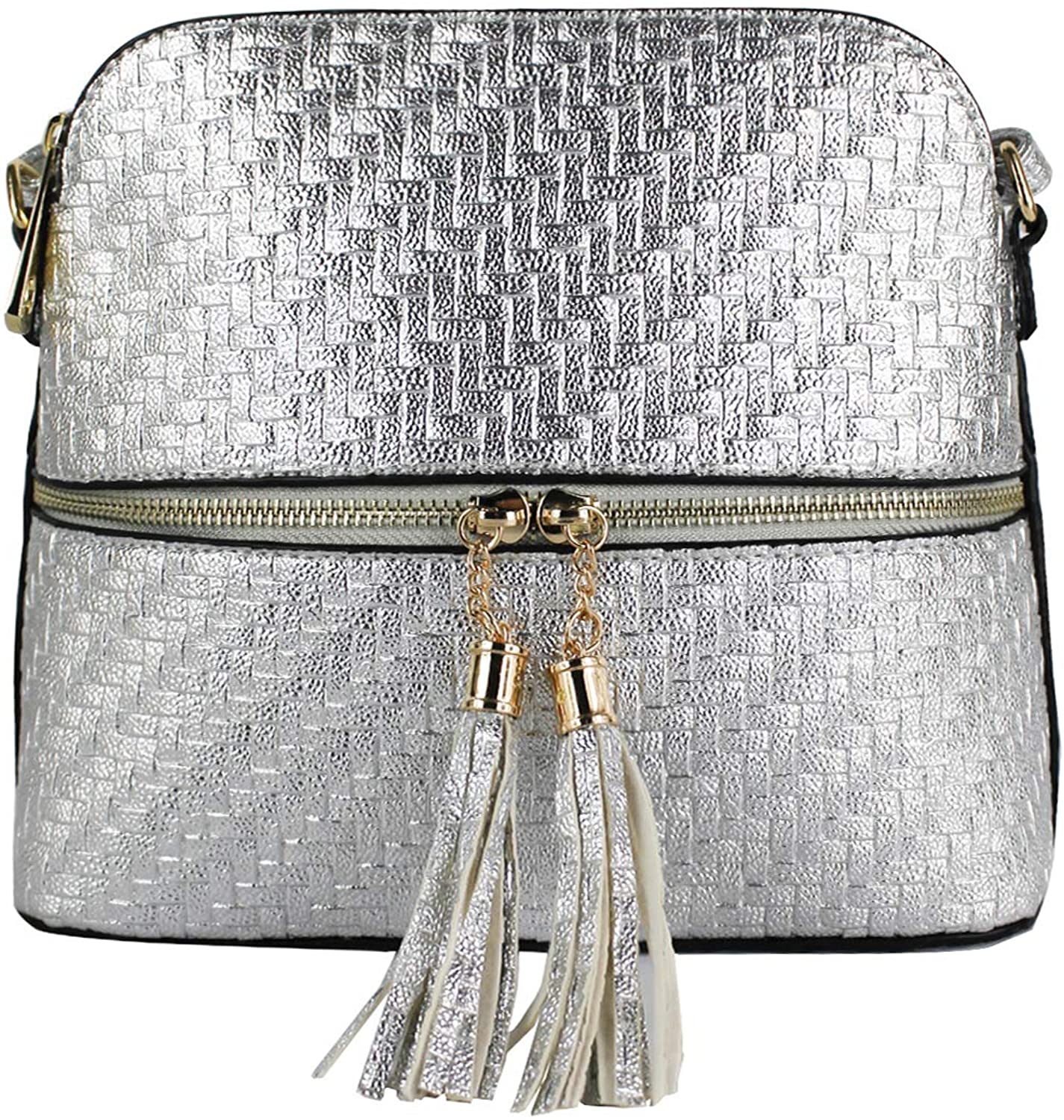 Foxlady Women's Mini Tassel Zip Trendy Braided Print Faux Leather Sling Crossbody Handbag