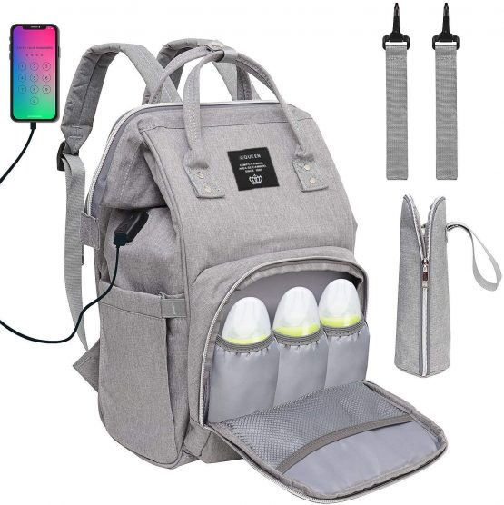 Baby Diaper Bag Backpack, Multi-Function Waterproof Maternity Nappy Bags with USB Port for Mom & Dad, Large Capacity (Grey)