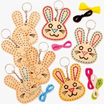 Baker Ross AT422 Easter Bunny Wooden Threading Keyring Kits - Pack of 5, Wooden Templates With Bright Coloured Wool For Craft Key Chains