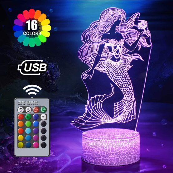 Mermaid Night Light for Kids, 16 Colours Changing 3D Optical Illusion Lamp with Remote, Mermaid Toy for Girls, Christmas Birthday Gifts for Girls and Women