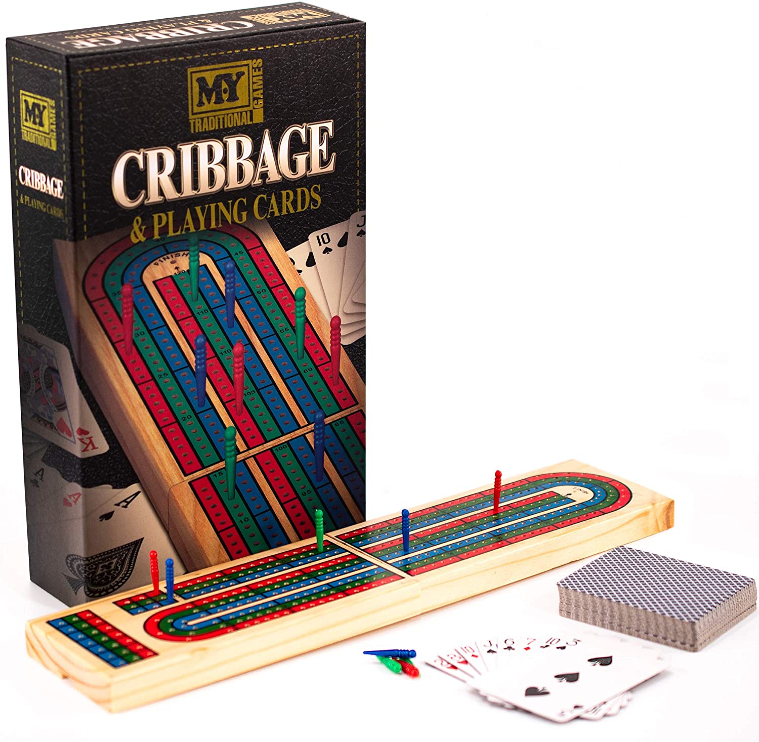 M.Y Deluxe Solid Wood Cribbage Board & Playing Cards Traditional Card Game, Multicoloured, 8.5 x 37.4 cm