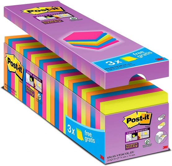 Post it Notes Super Sticky Notes Value Pack, 76 x 76 mm, Assorted Colours, Pack of 24 (90 Sheets Per Pad)