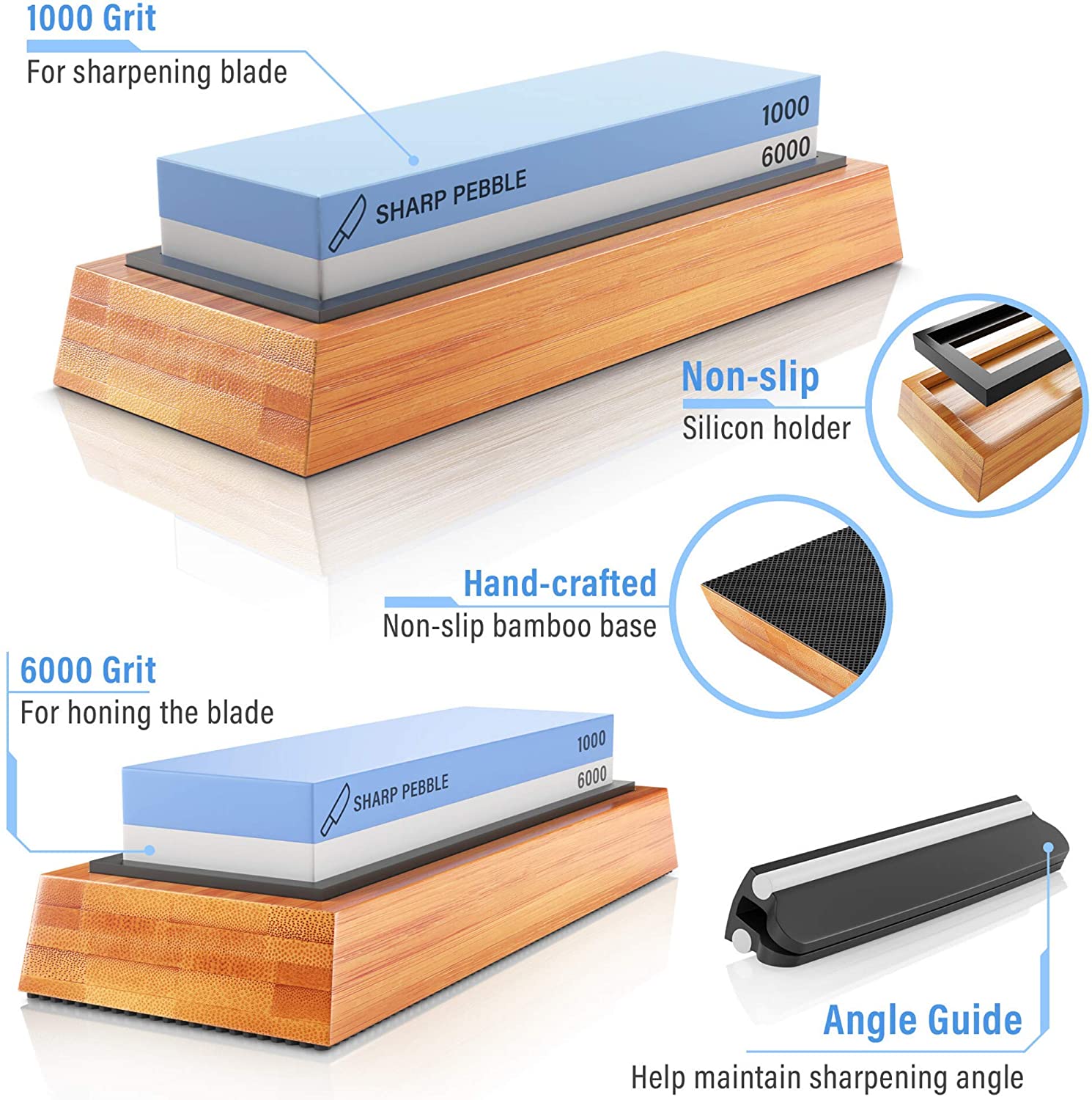 Sharp Pebble Premium Whetstone Knife Sharpening Stone 2 Side Grit 1000/6000 Waterstone- Whetstone Knife Sharpener- NonSlip Bamboo Base & Angle Guide - Image 2