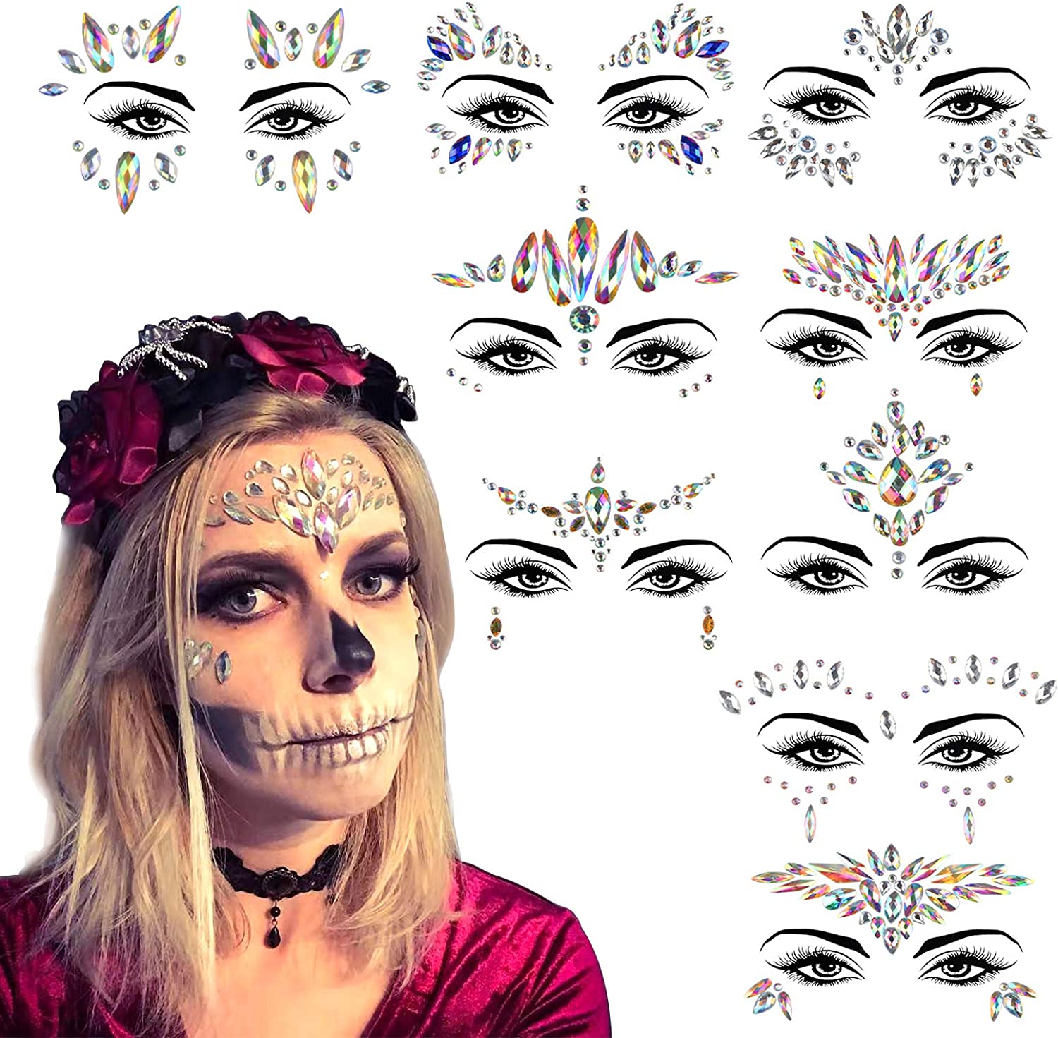 KATOOM 9 Pack Face Gems Elf Rhinestones Stickers Fairy Make-up Temporary Tattoo Glitter Mermaid Face Jewels Eyebrow Body Sticker for Carnival Party Music Festival Dress-up