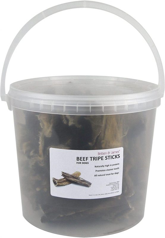Britten & James Beef Tripe Sticks Treats for Dogs in a Reselable No Smell 5L Tub. A completely natural product with no additives. Reduces tartar and bad breath. Good for teeth and gums. - Image 4
