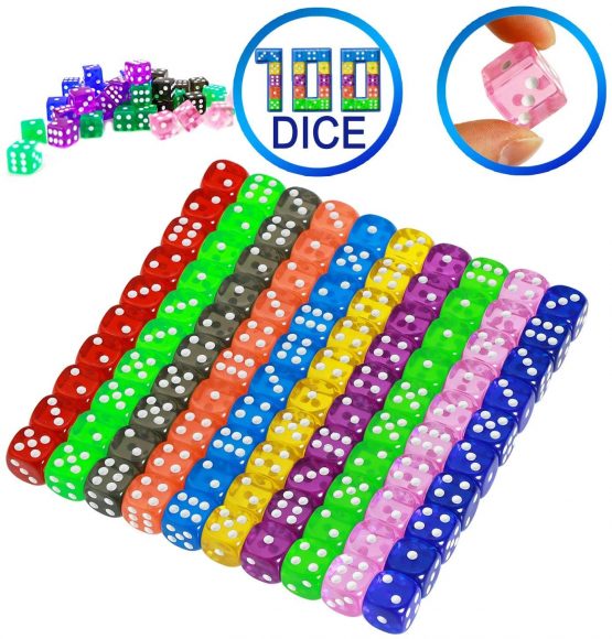 YOUSHARES 100Pcs Dice Set of 10 Transparent Colors for Dice Games – 16mm 6 Sided Standard Dice with A Velvet Dice Carrying Bag, Board & Tenzi Dice Games and Other Casino Games