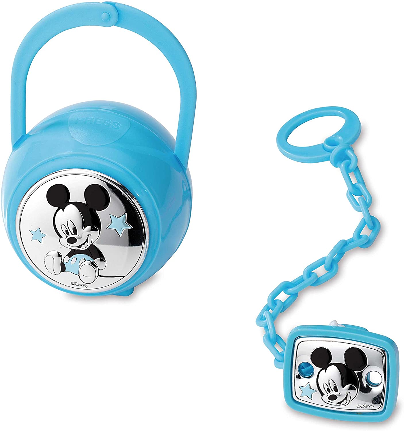 Valenti Argenti Disney Mickey Mouse Pacifier Clip Dummy Chain with Silver Box, sky blue, 2 Unità (Confezione da 1)