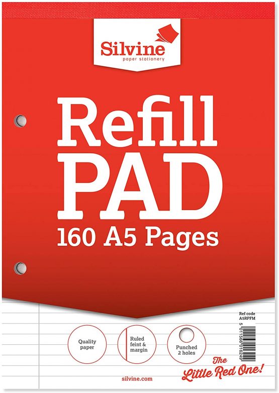 Silvine 160 Page A5 Refill Pad, Head Bound and Punched 2 Holes. Ruled 8mm Feint with Margin. Ref A5RPFM
