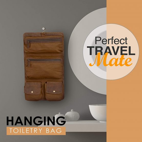 KomalC Premium Buffalo Leather Hanging Toiletry Bag Travel Dopp Kit, Distressed Tan - Image 4
