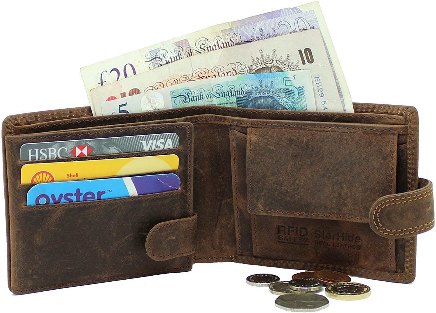 STARHIDE Handmade Wallets for Men UK, Brown Hunter (With Strap), 12cm x 9.5cm - Image 2