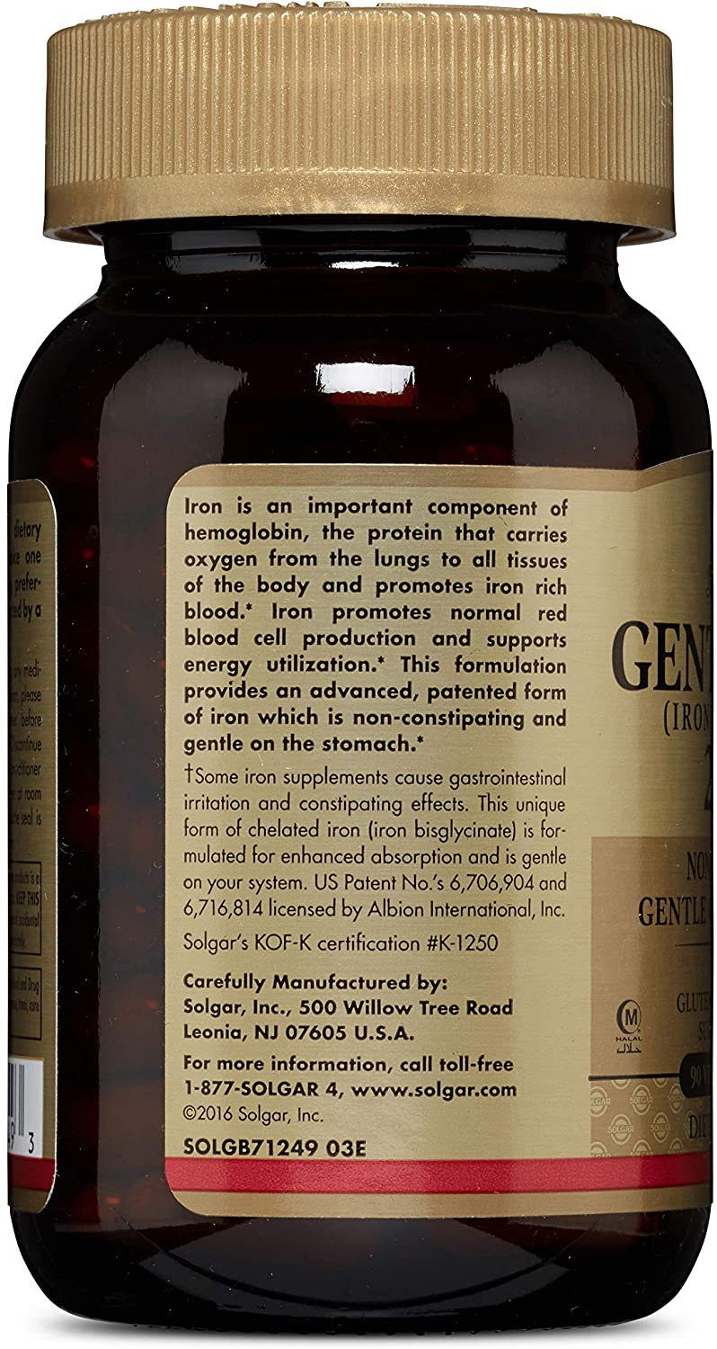 Solgar Gentle Iron (Iron Bisglycinate) 20 mg Vegetable Capsules - Pack of 90, Brown, 90 count (Pack of 1) - Image 4