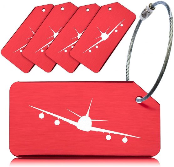 OCTiLUX Luggage Tags for Travel Suitcase Aluminium Aero Design 5 Pack Red