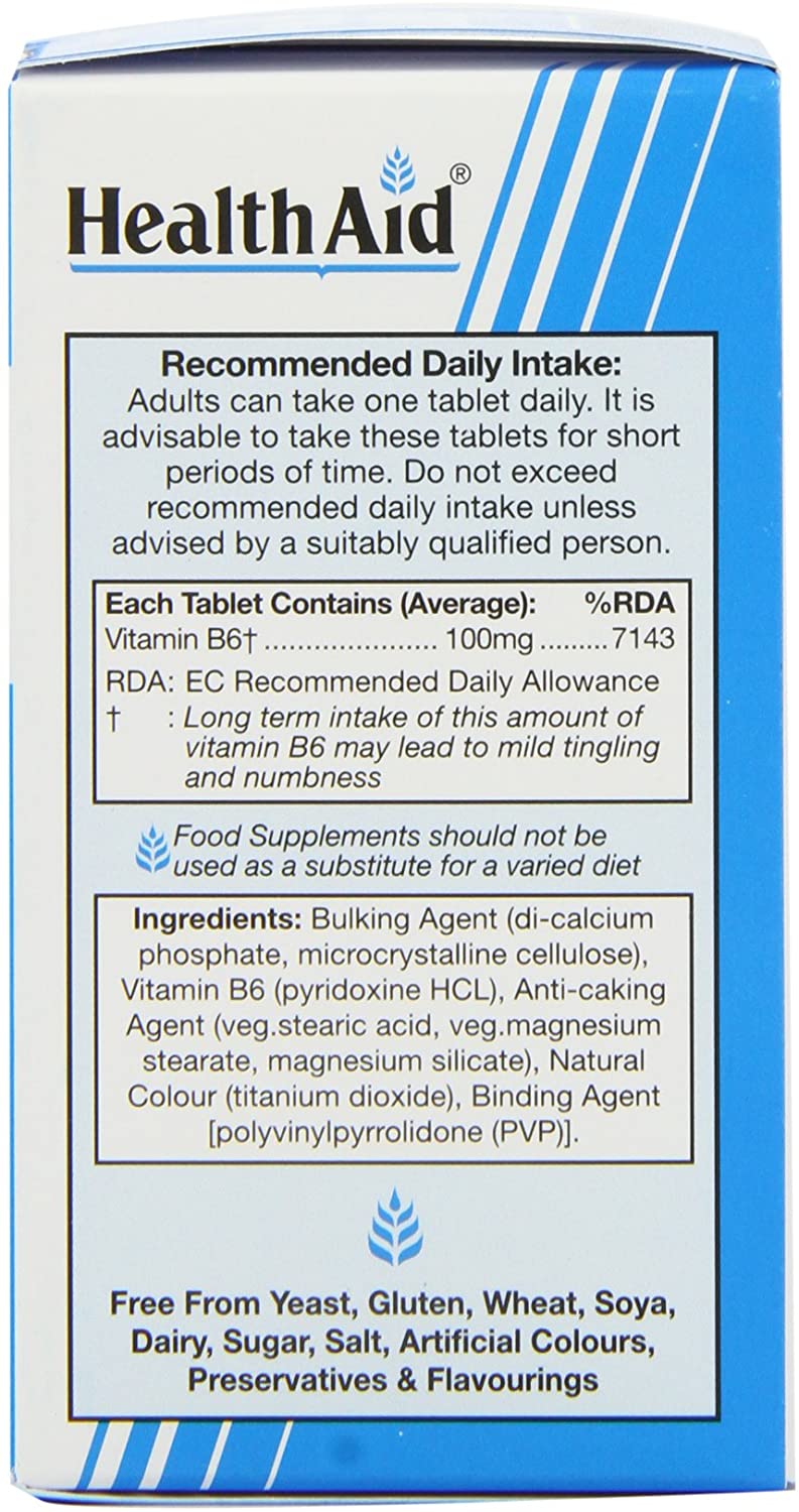 HealthAid Vitamin B6 (Pyridoxine HCl) 100mg - 90 Tablets, White, 1 count (Pack of 90) - Image 2