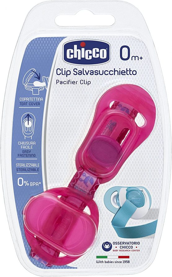 Chicco Dummy Chain with Dummy Protection, Clip, Velcro Band, Pink