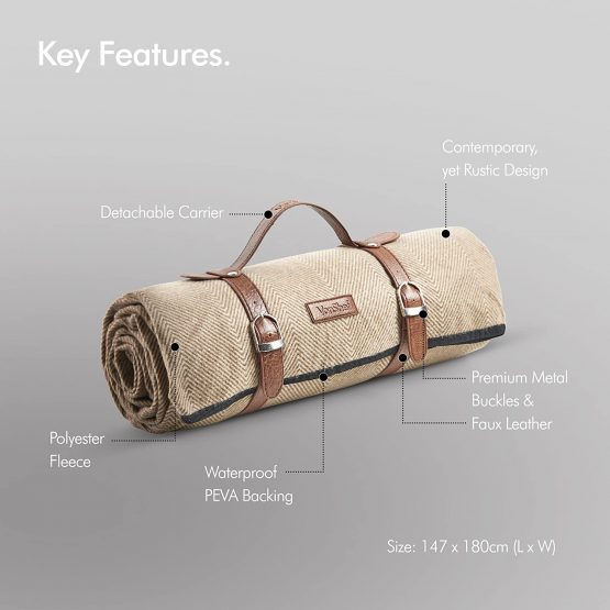 VonShef Herringbone Picnic Blankets, Large Outdoor Picnic Blankets with Waterproof Lining and Faux Leather Carrier Handle, Outdoor Blankets 147 x 180cm (Beige) - Image 2