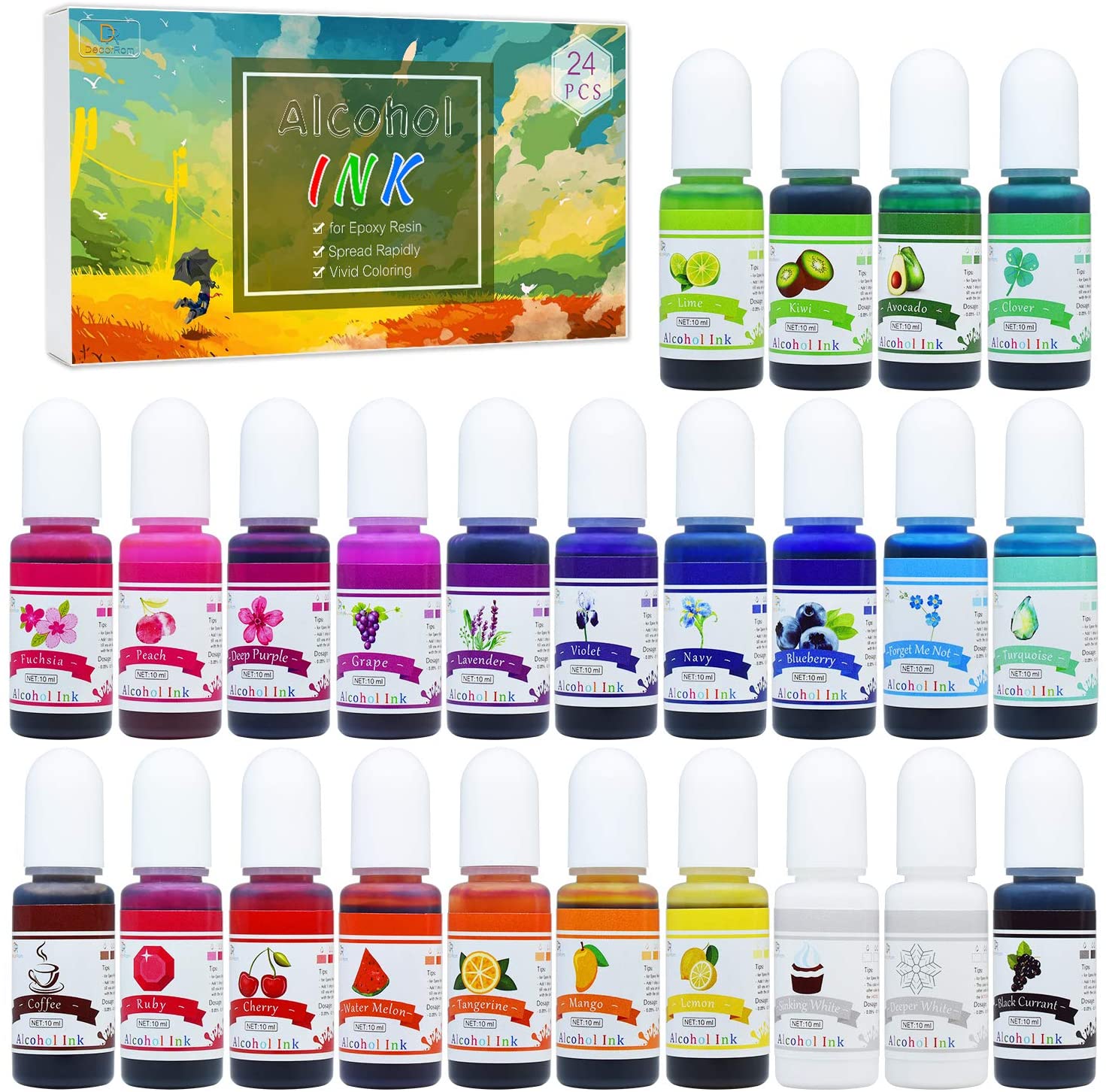 Alcohol Ink Set, 24 Vibrant Colours Alcohol-Based Ink for Petri Dish Making Epoxy Resin Painting