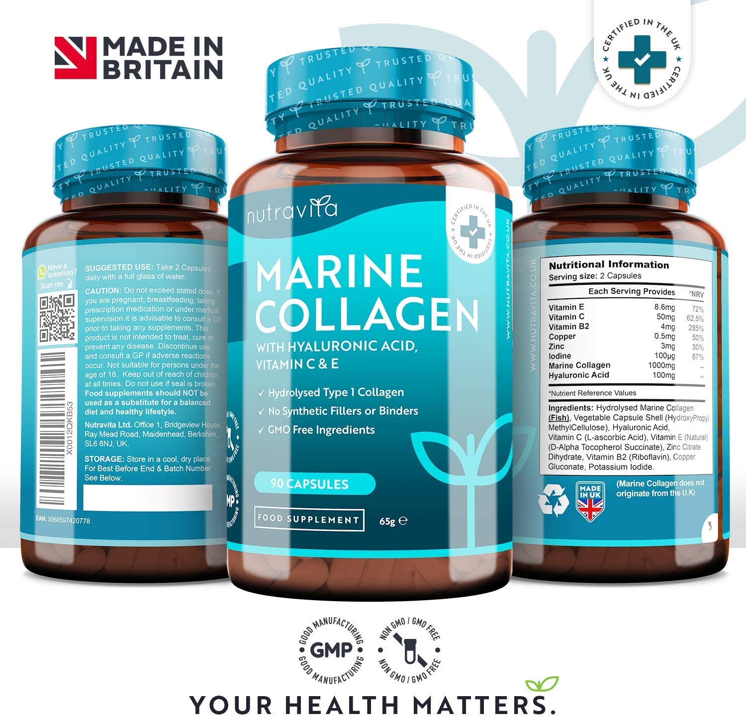 Nutravita Marine Collagen 1000mg Enhanced with Hyaluronic Acid 100mg, 90 Super Strength Capsules - Image 3