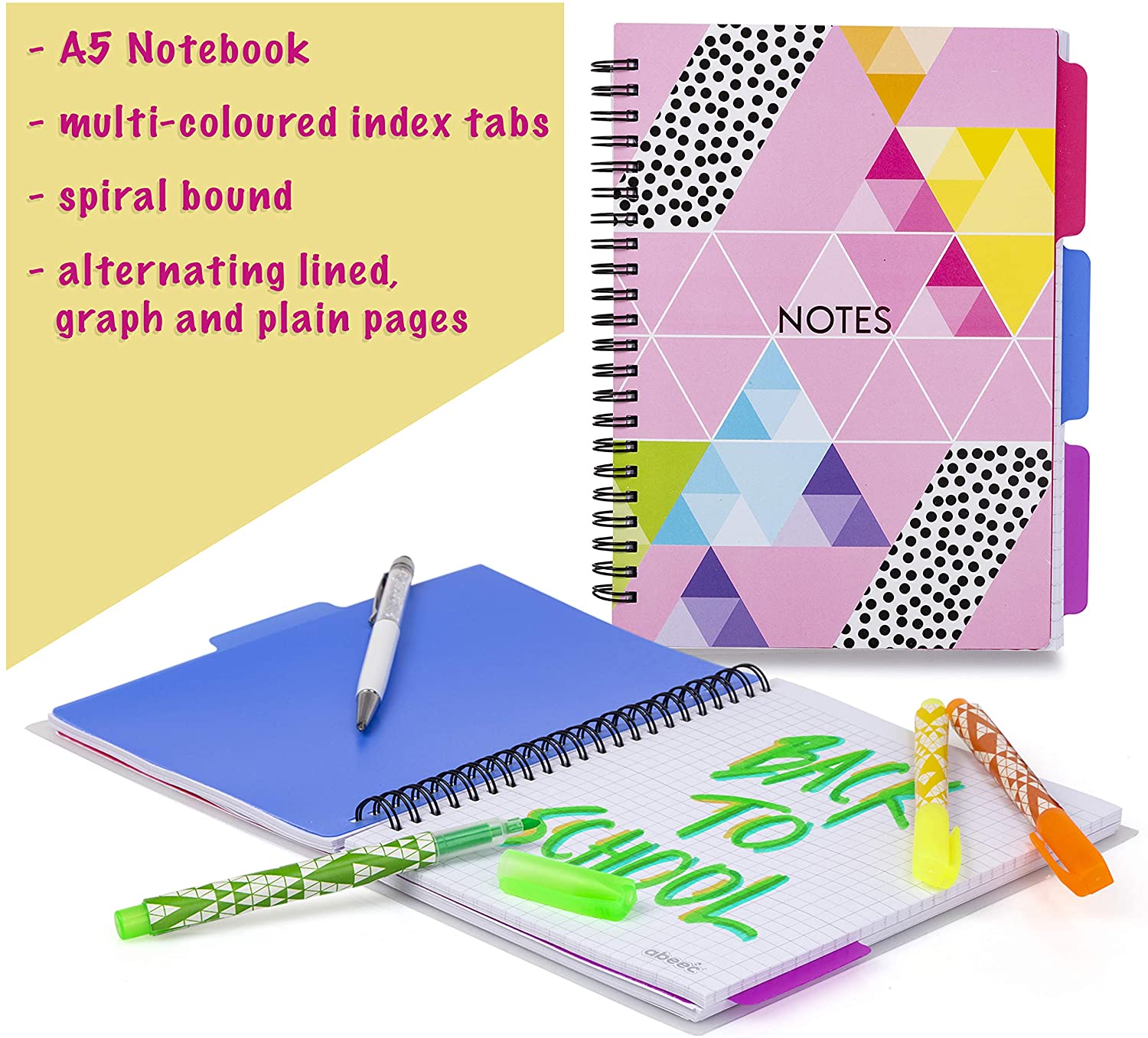 abeec Stationery Set for Girls - School Supplies for Kids - A5 Notebook, Ballpoint Pen with Stylus, Pencil Case and 6 Neon Highlighters - Image 4