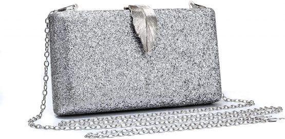 Elegant Shiny Glitter Wedding Party Bridal Evening Clutch Bag For Women with a Unique Metal Leaf Design Clasp