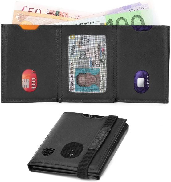 DODENSHA Mens Leather Wallet Mens Slim Card Holder Wallet RFID Blocking Wallets Trifold Wallets for Men with Zip Coin Pocket, 1 Banknote Compartment, 6 Card Slots, ID Window, Elastic Strap (Black） - Image 2