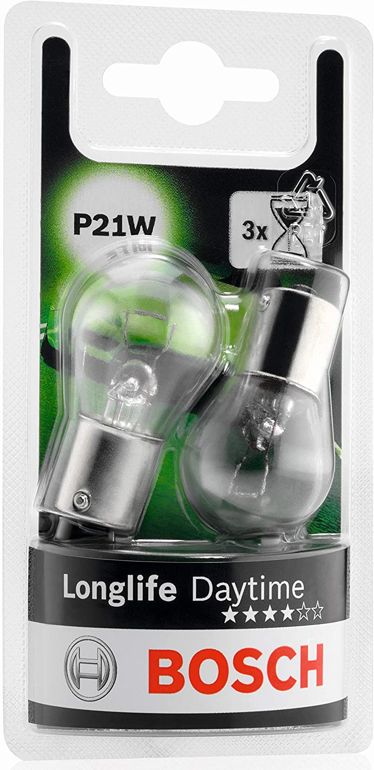 Bosch P21W (382) Longlife Daytime Halogen Headlight Bulbs, 12 V 21 W, Long-lasting, Socket Type BA15s