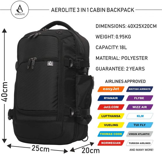 40x20x25 New and Improved 2021 Aerolite Ryanair Maximum Size Hand Cabin Luggage Approved Travel Carry On Holdall Shoulder Bag Backpack Rucksack Flight Bag with YKK Zippers, 40x25x20, Black - Image 3