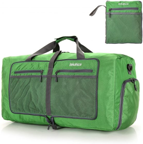 Bekahizar 60L Foldable Duffle Bag Large Lightweight Packable Travel Weekend Duffel with Shoe Compartment and Shoulder Strap for Luggage, Gym, Sport, Camping, Storage, Shopping (Dark Green)