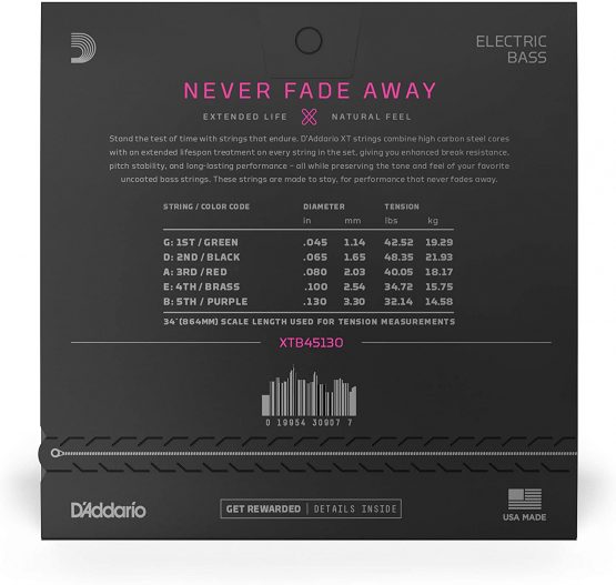 D'Addario XTB45130, XT Bass Guitar Strings Nickel Plated Steel, Regular Light, 5-String Long Scale, 45-130 - Image 3