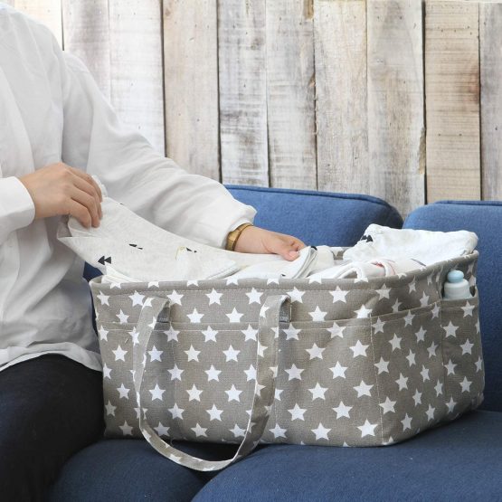 Hinwo Baby Diaper Caddy 3-Compartment Infant Nursery Tote Storage Bin Portable Car Organizer Newborn Shower Gift Basket with Detachable Divider and 10 Invisible Pockets for Diapers & Wipes (Grey Star) - Image 2