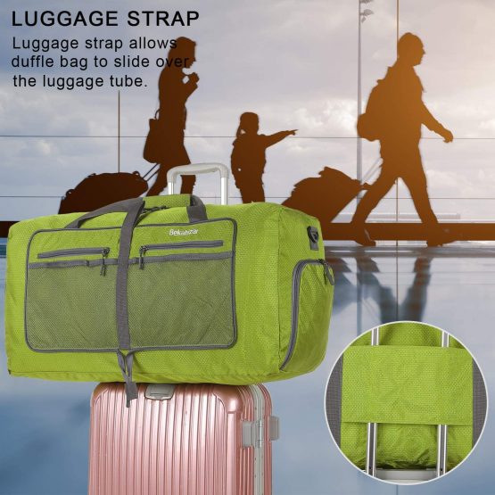 Bekahizar 60L Foldable Duffle Bag Large Lightweight Packable Travel Weekend Duffel with Shoe Compartment and Shoulder Strap for Luggage, Gym, Sport, Camping, Storage, Shopping (Dark Green) - Image 3