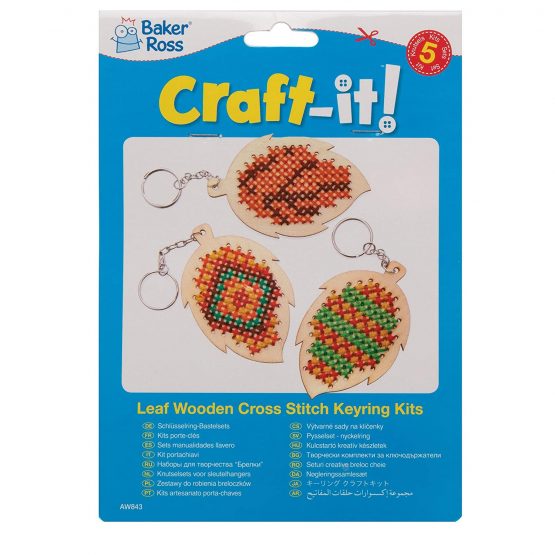 Baker Ross AW843 Leaf Wooden Cross Stitch Keyring Kits, Autumn and Winter Arts and Crafts (Pack of 5) - Image 4