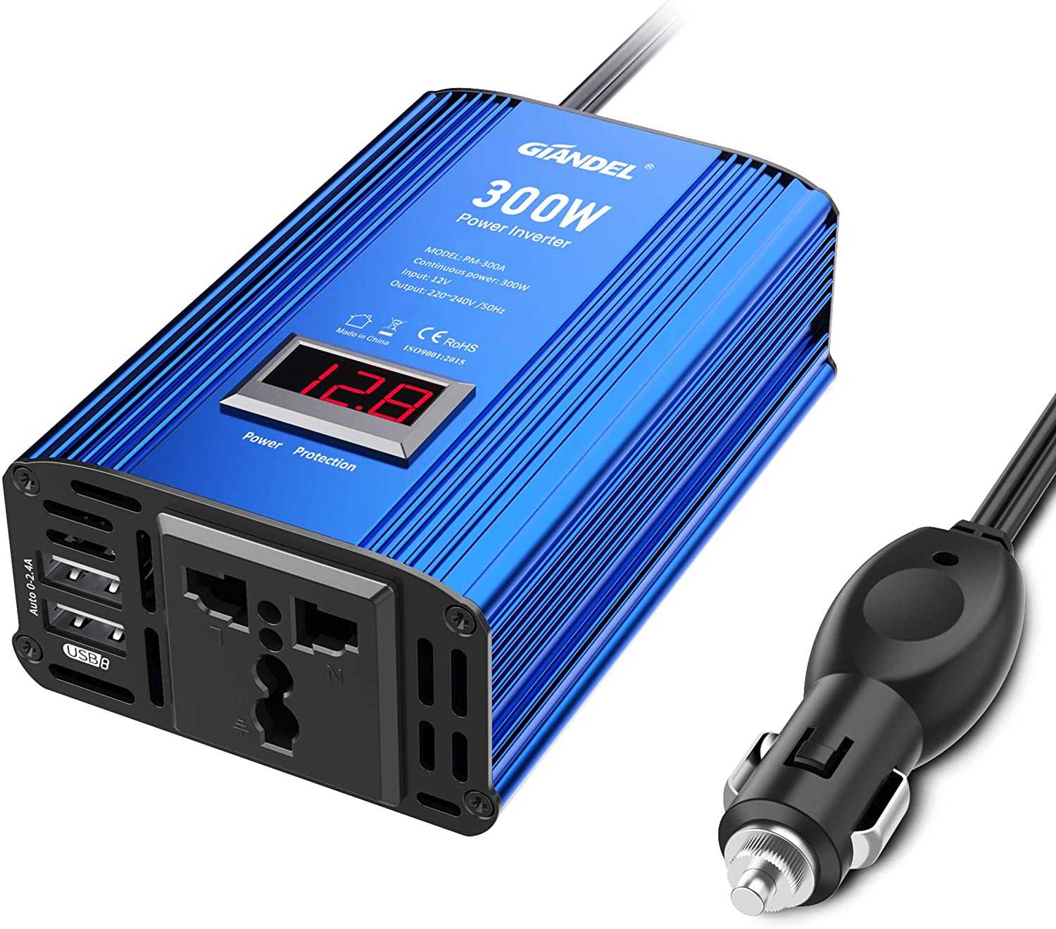 GIANDEL Car Power Inverter 300W Modified Wave DC 12V to 240V 230V AC Car Inverter with 4.8A Dual USB Car Adapter with LED Display